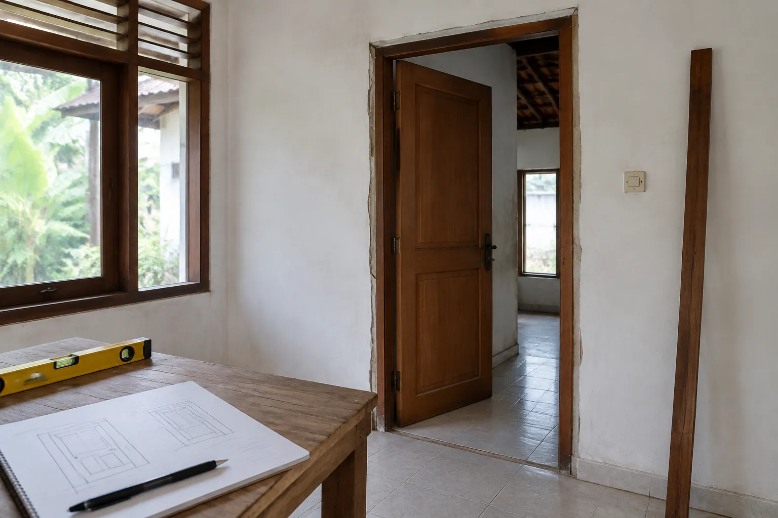 Pintu kayu rumah lama terbuka dekat catatan perencanaan
