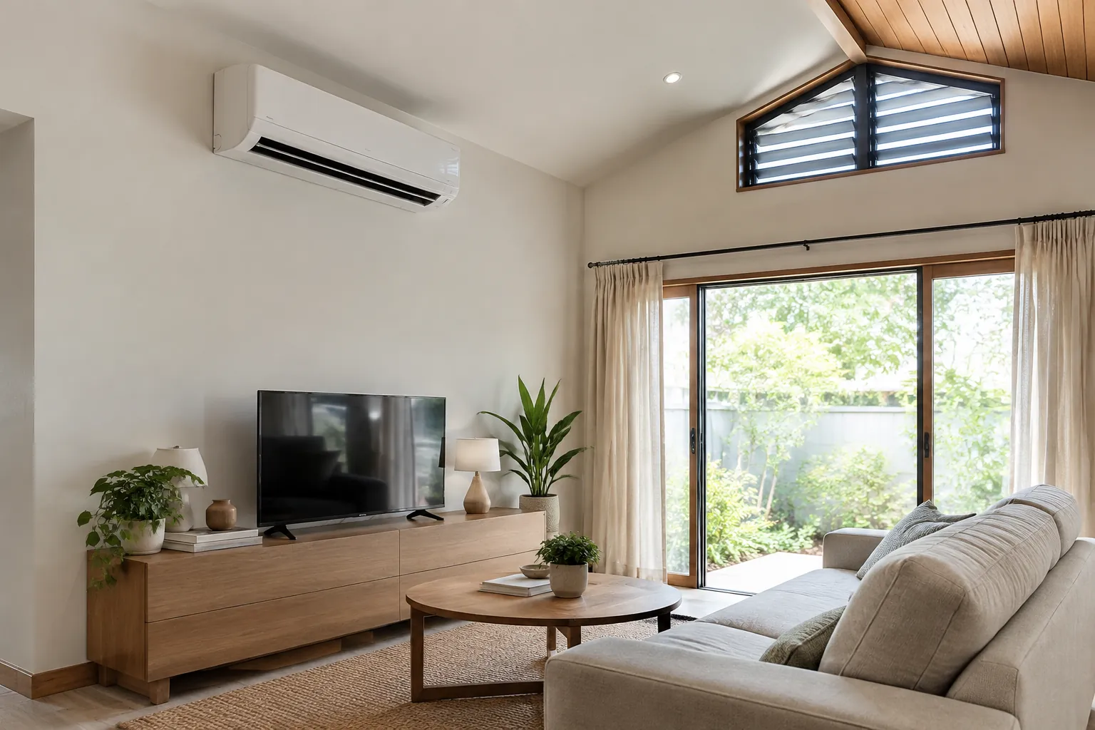 Unit AC terpasang di dinding dekat jendela dan ventilasi tinggi
