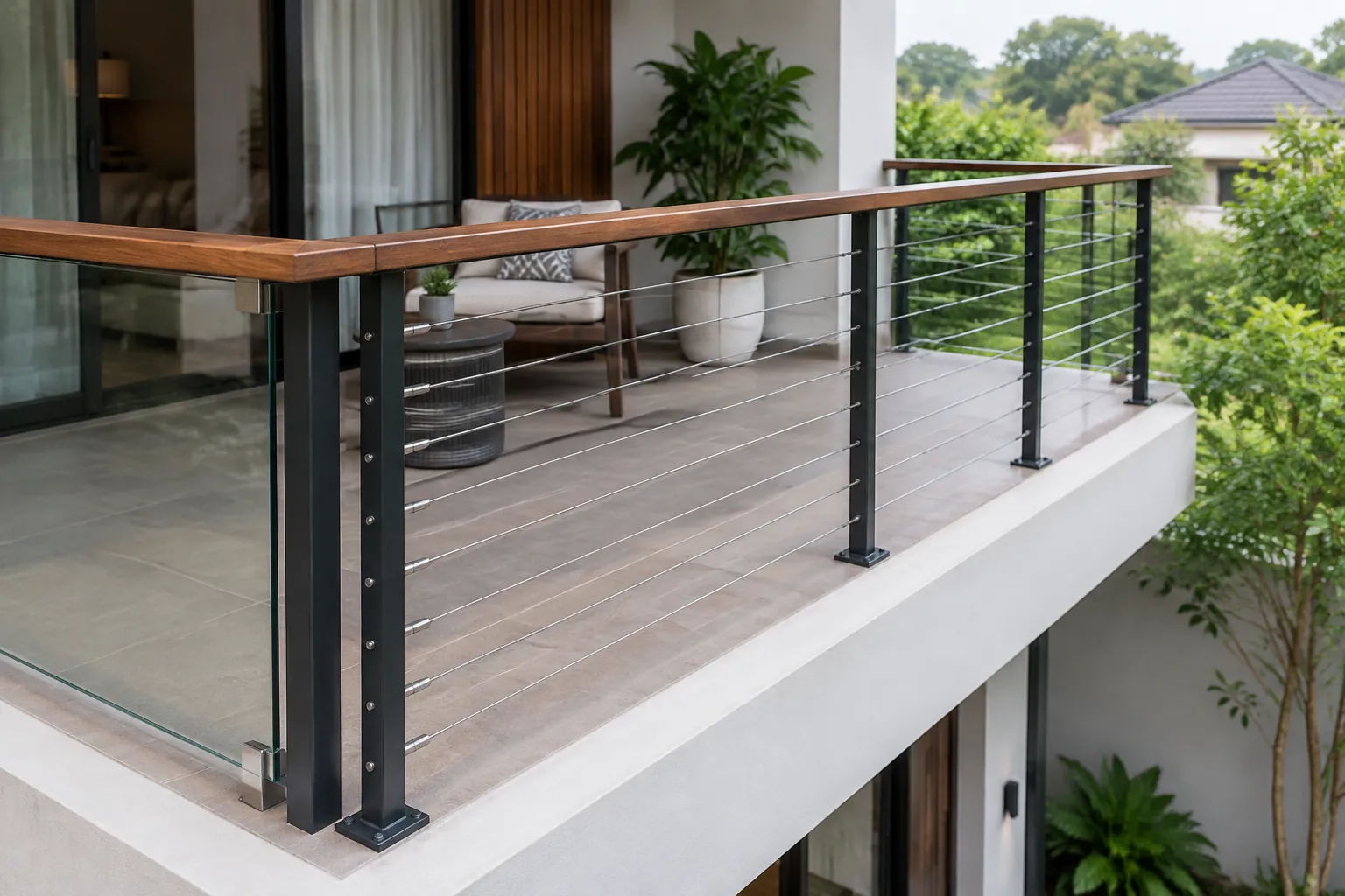 Panel kaca, tiang logam dan pegangan kayu membentuk pagar balkon