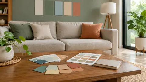 Ruang keluarga dengan sampel warna di depan sofa