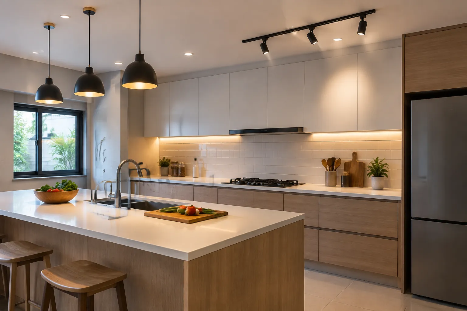 Lampu gantung dan rel sorot dipasang pada dapur yang sama