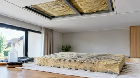 Insulasi plafon terbuka dan beberapa sampel bahan di meja