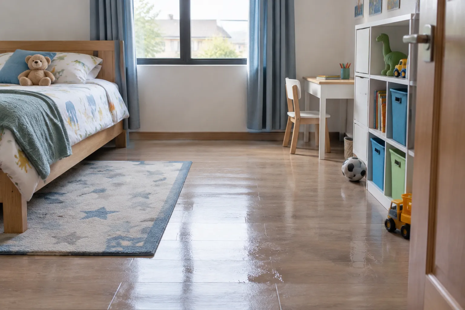 Air pada lantai kamar anak di dekat jendela