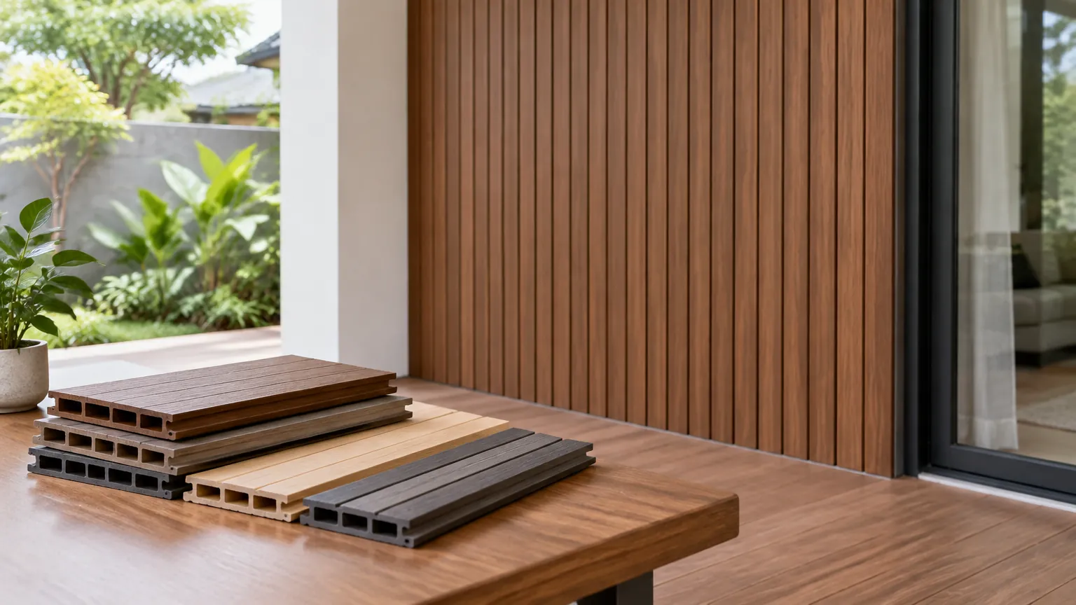 Contoh papan WPC di depan dinding luar rumah