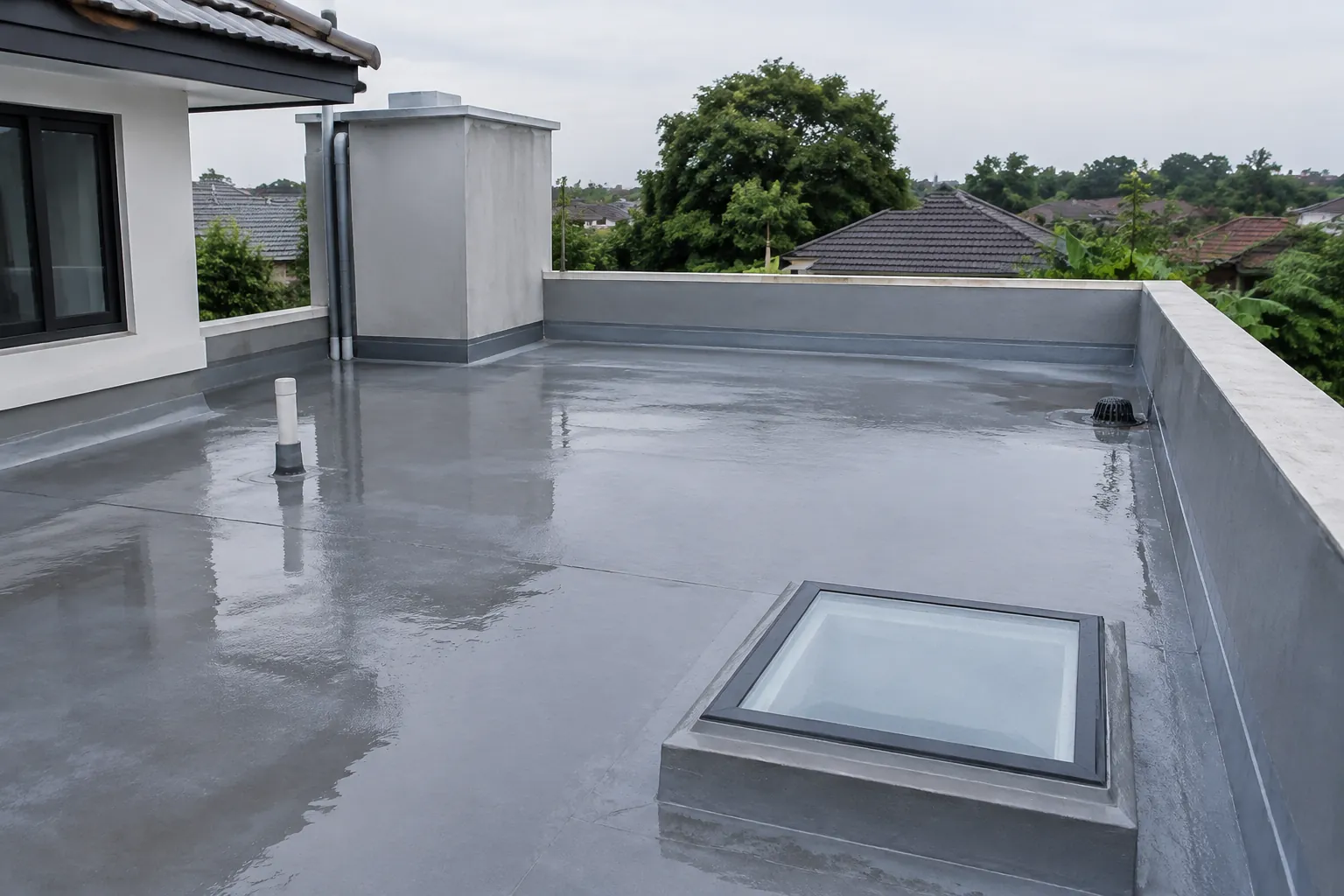 Air hujan menggenang di atas dak dekat skylight dan pipa