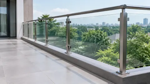Railing kaca dan tiang logam pada balkon