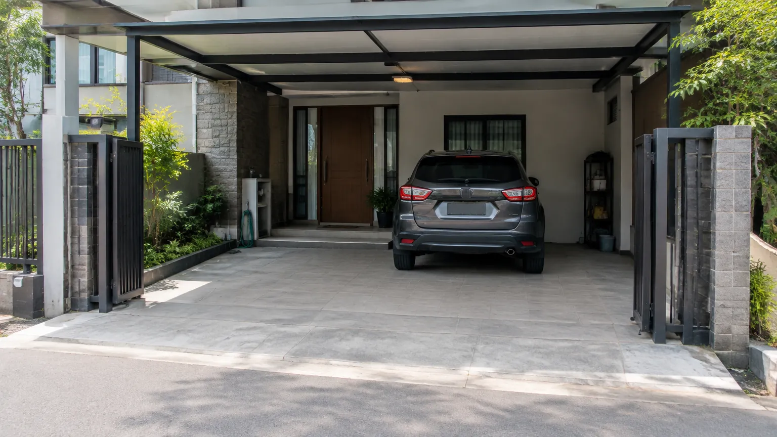 Mobil di carport dengan gerbang akses di bagian depan