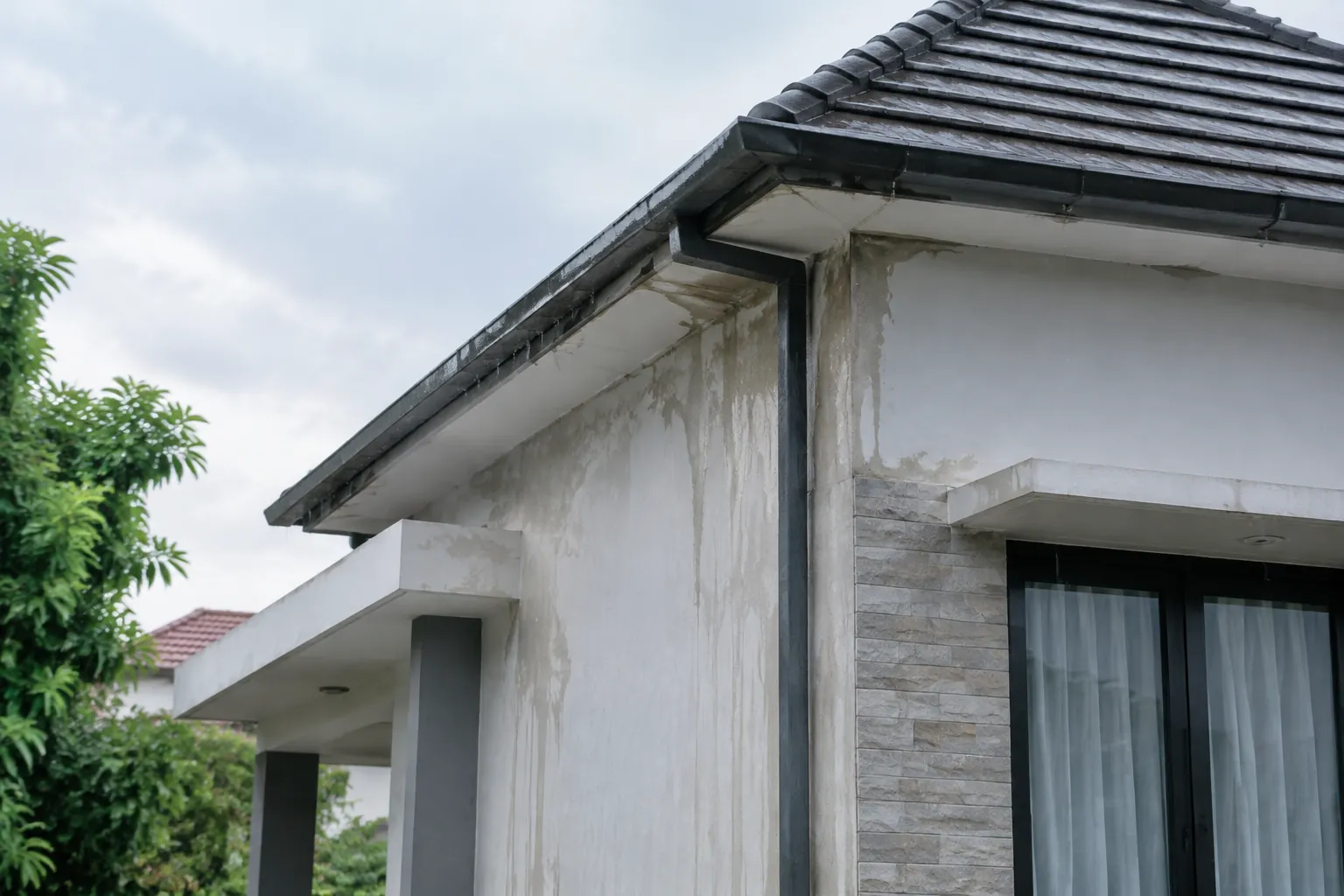 Bekas rembesan tampak di bawah tepi atap rumah