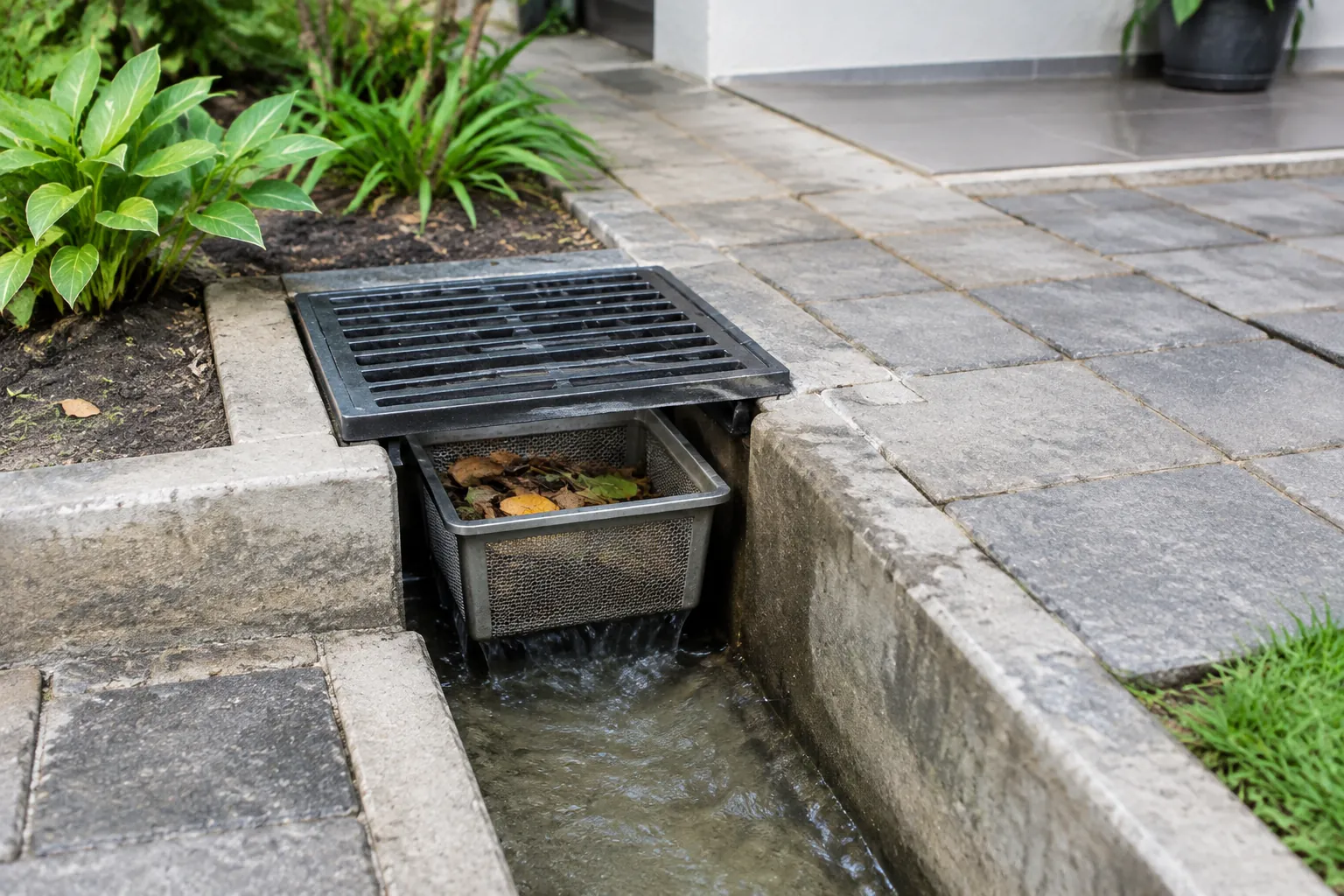 Keranjang penangkap kotoran berada di bawah kisi drainase terbuka
