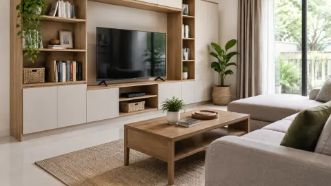 Ruang keluarga dengan rak, kabinet televisi, dan meja tengah