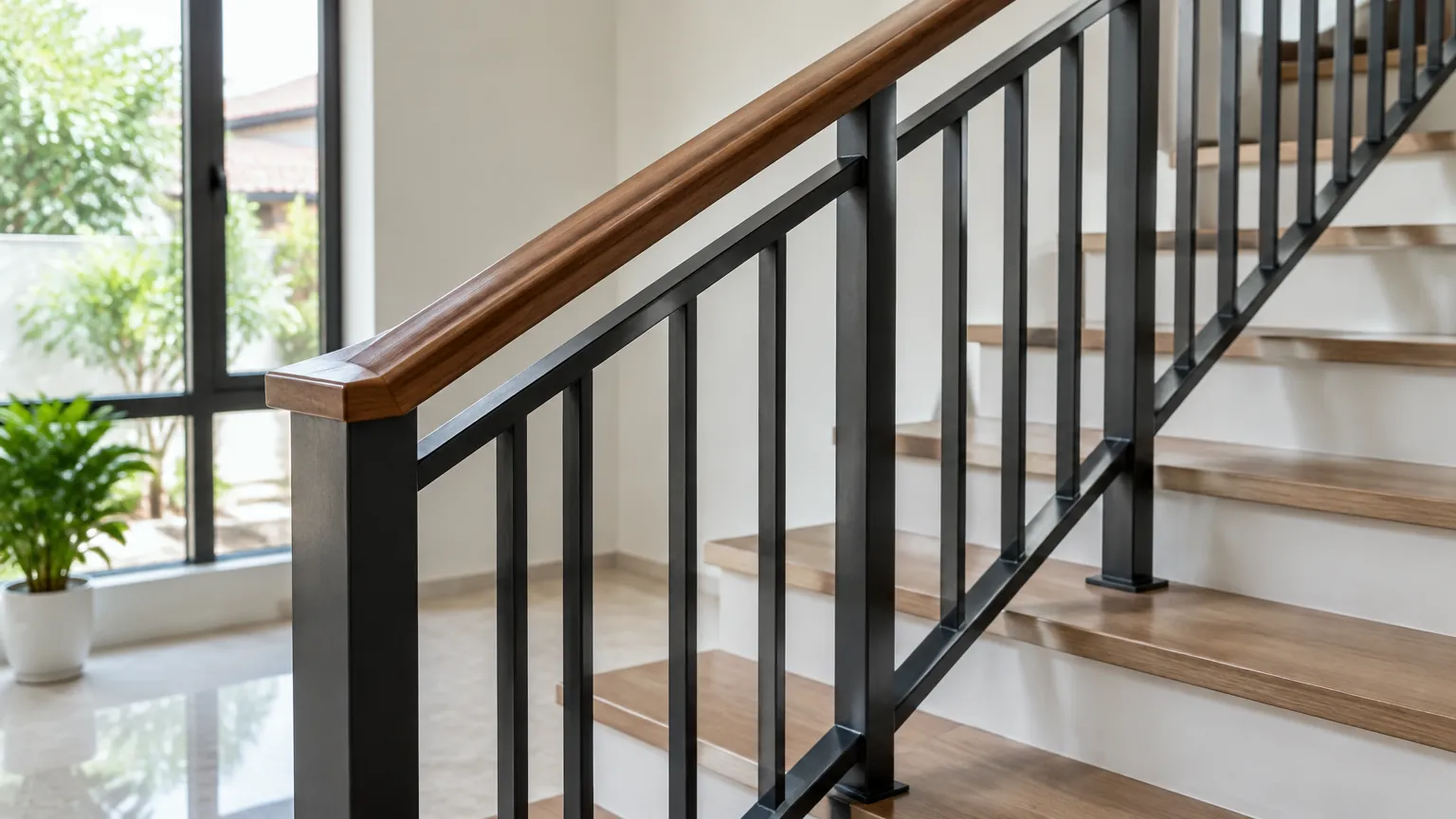 Railing tangga logam dengan pegangan kayu