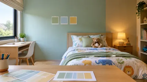 Kamar anak dengan sampel warna hijau dan biru