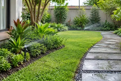 Penyiraman tanaman pada taman rumah