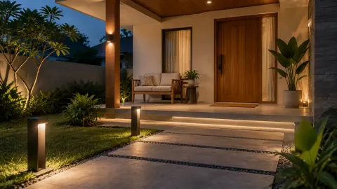 Jalur menuju teras rumah diterangi lampu taman