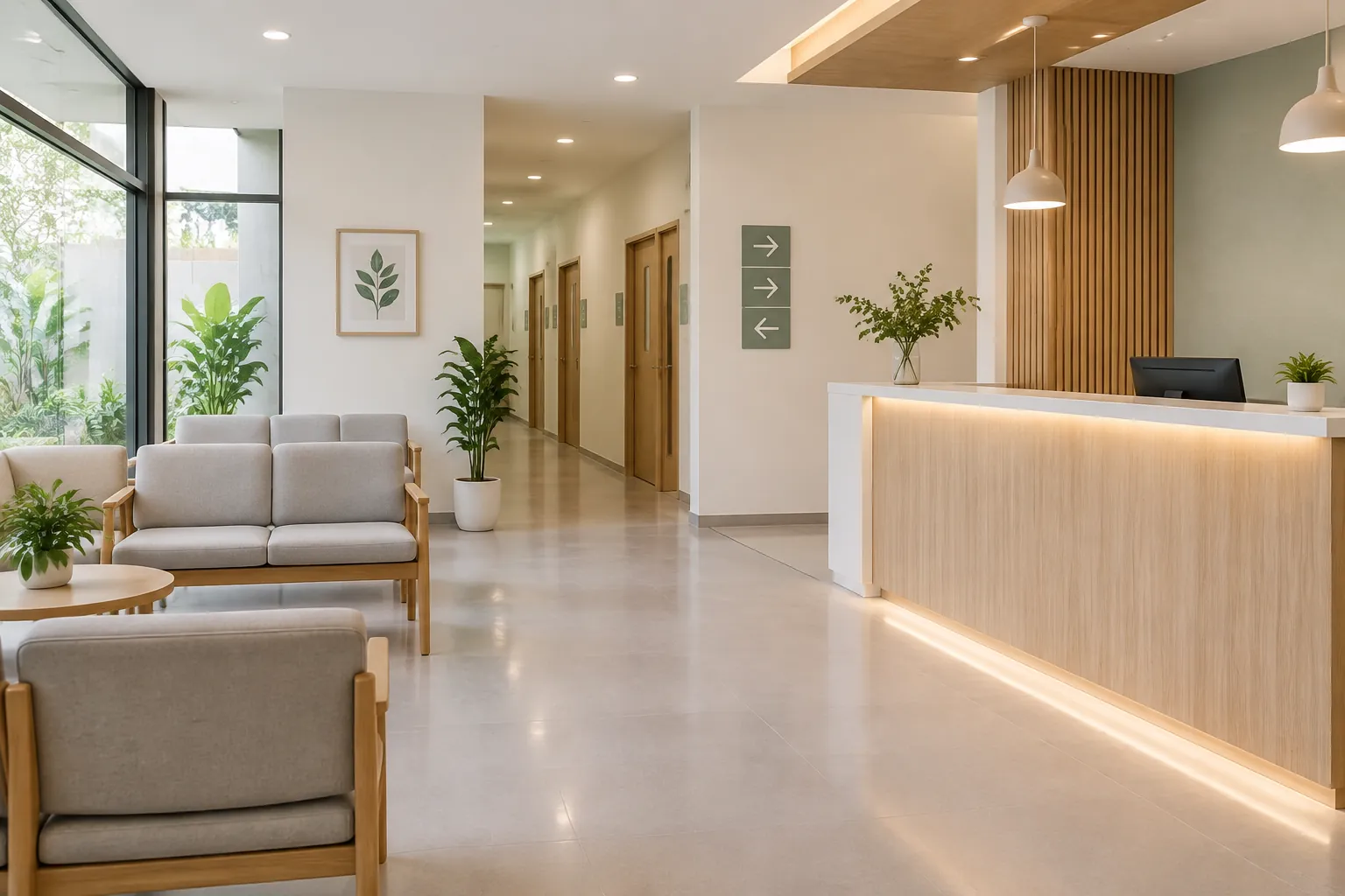 Area tunggu klinik dengan sofa dan meja resepsionis