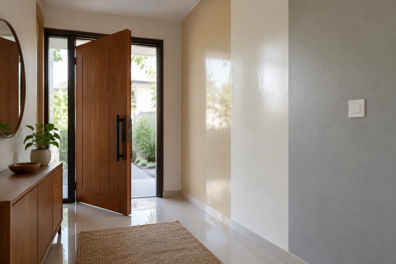 Foyer dengan dinding berwarna terang dan pintu kayu