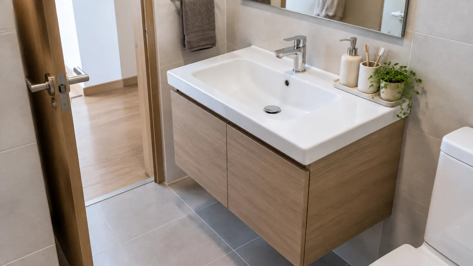 Wastafel putih pada kabinet kayu di kamar mandi
