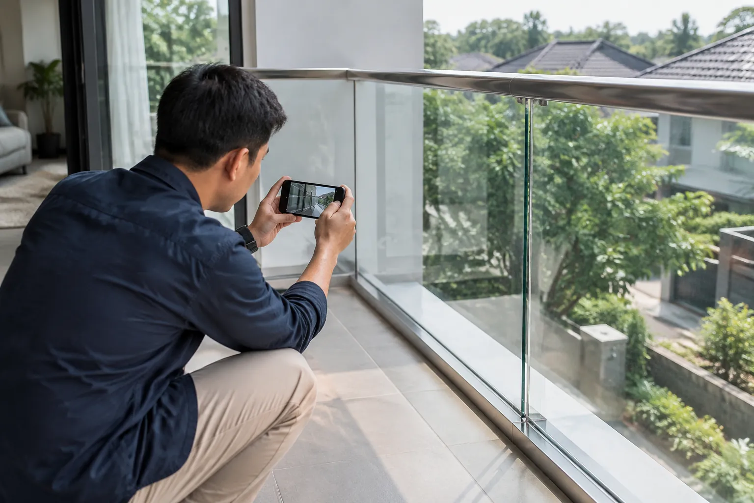 Memotret railing kaca jadi.