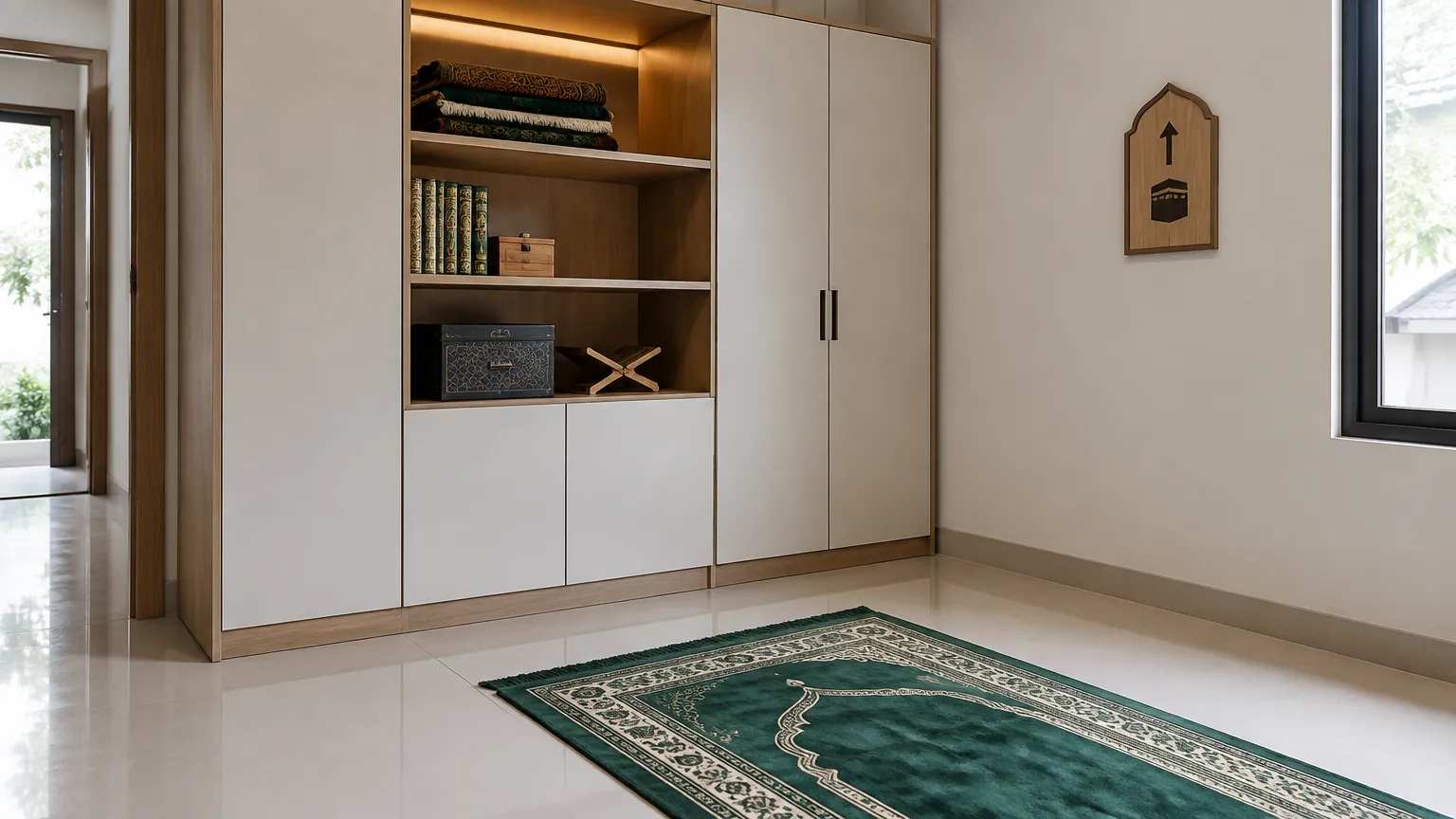 Mushola dengan lemari penyimpanan tanam di sisi karpet