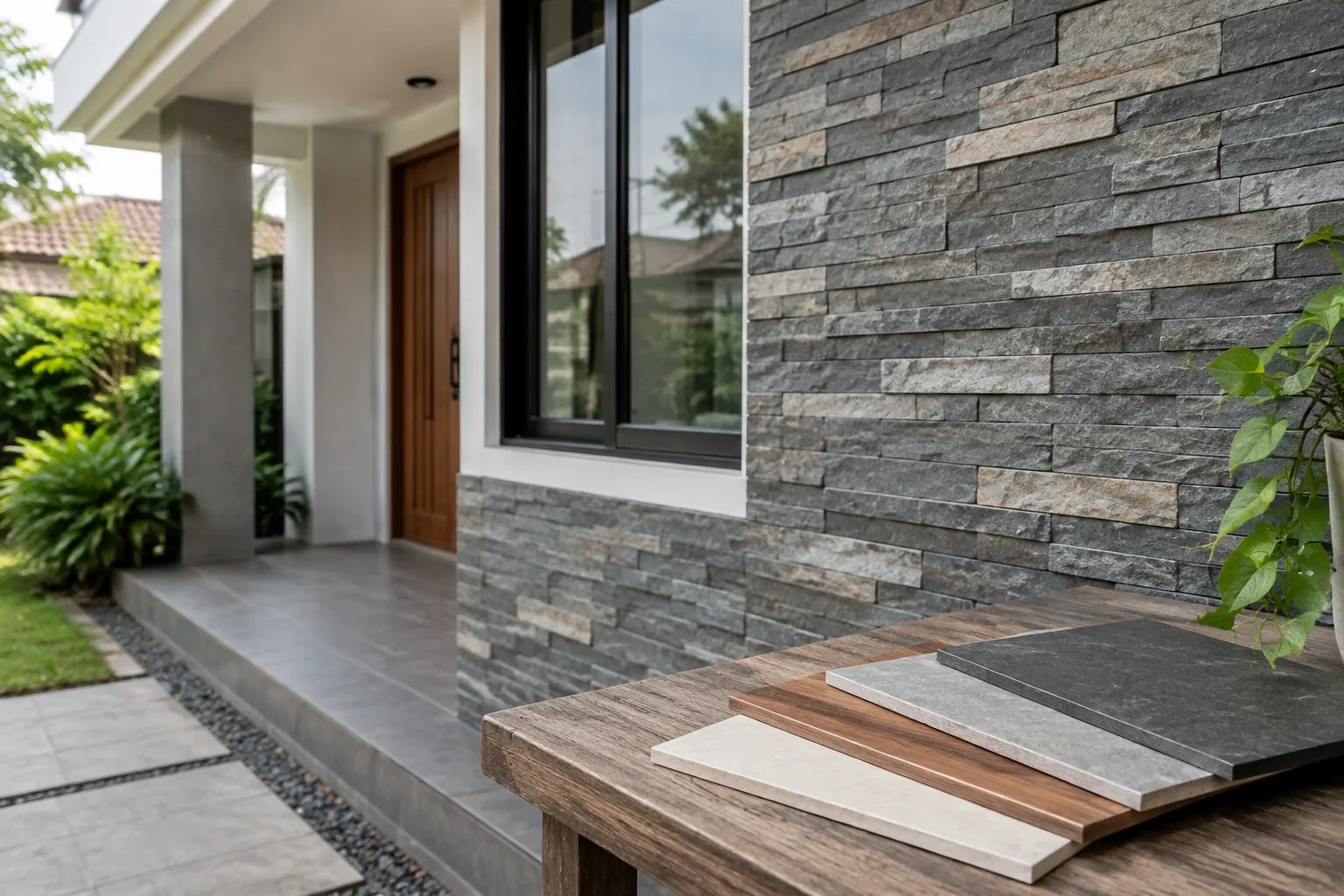 Contoh material dinding luar di depan fasad rumah
