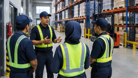 Beberapa staf gudang berdiskusi di lorong rak