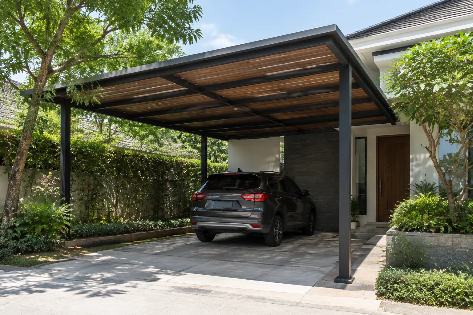 Pohon dan atap menaungi carport terbuka di kedua sisi