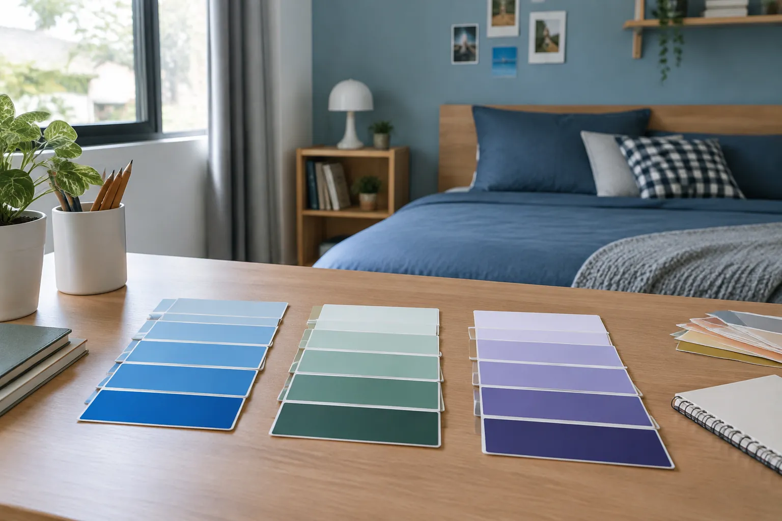 Deretan sampel warna biru, hijau, dan ungu di kamar remaja