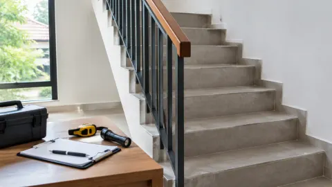 Tangga rumah dengan anak tangga beton dan pagar logam
