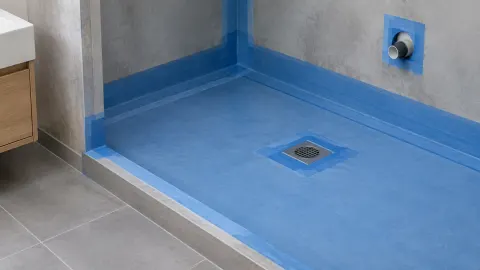 Lapisan waterproofing biru menutup lantai dan sudut kamar mandi