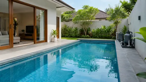Kolam renang rumah dengan teras, tanaman, dan peralatan di sisi jauh