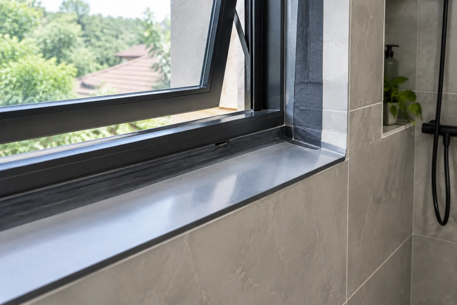 Detail ambang jendela kamar mandi dengan bingkai gelap