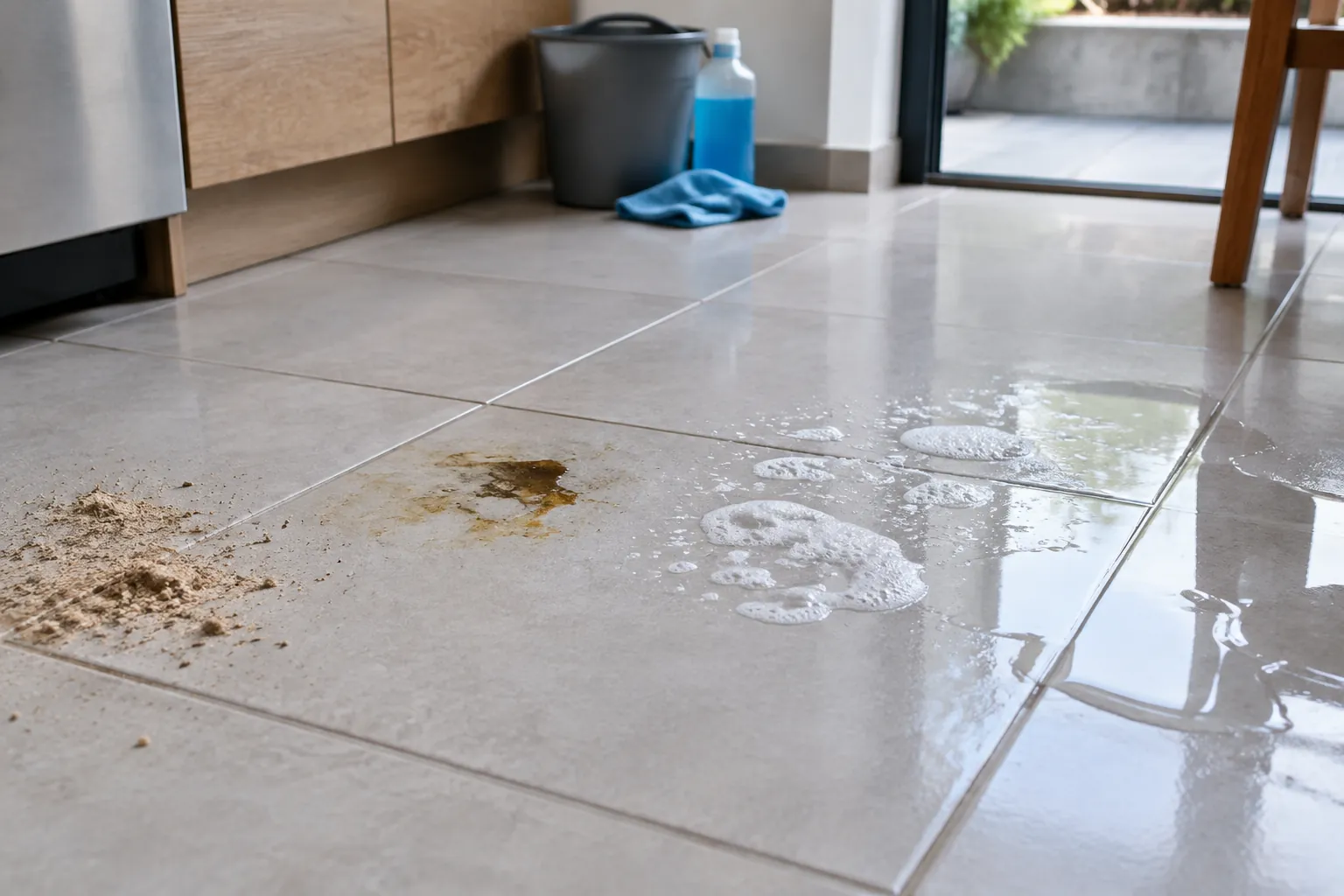 Noda dan cairan pada lantai keramik dekat dapur