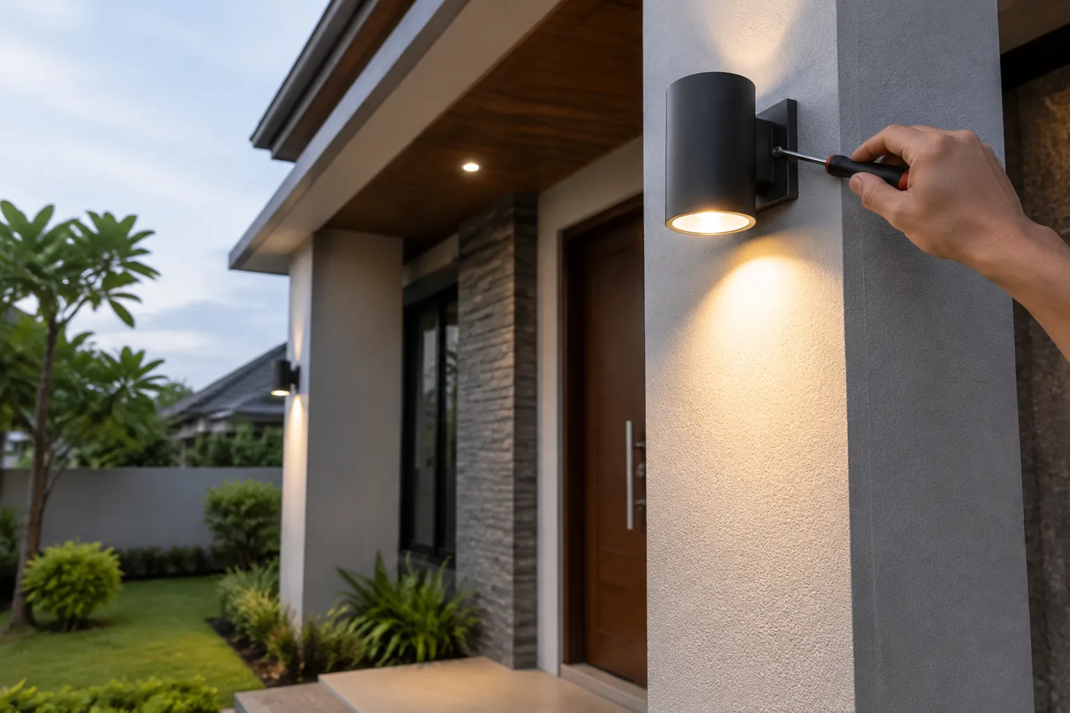 Tangan mengatur arah lampu dinding luar