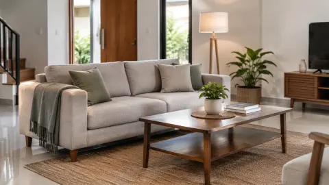 Ruang tamu dengan sofa dan meja kayu sederhana