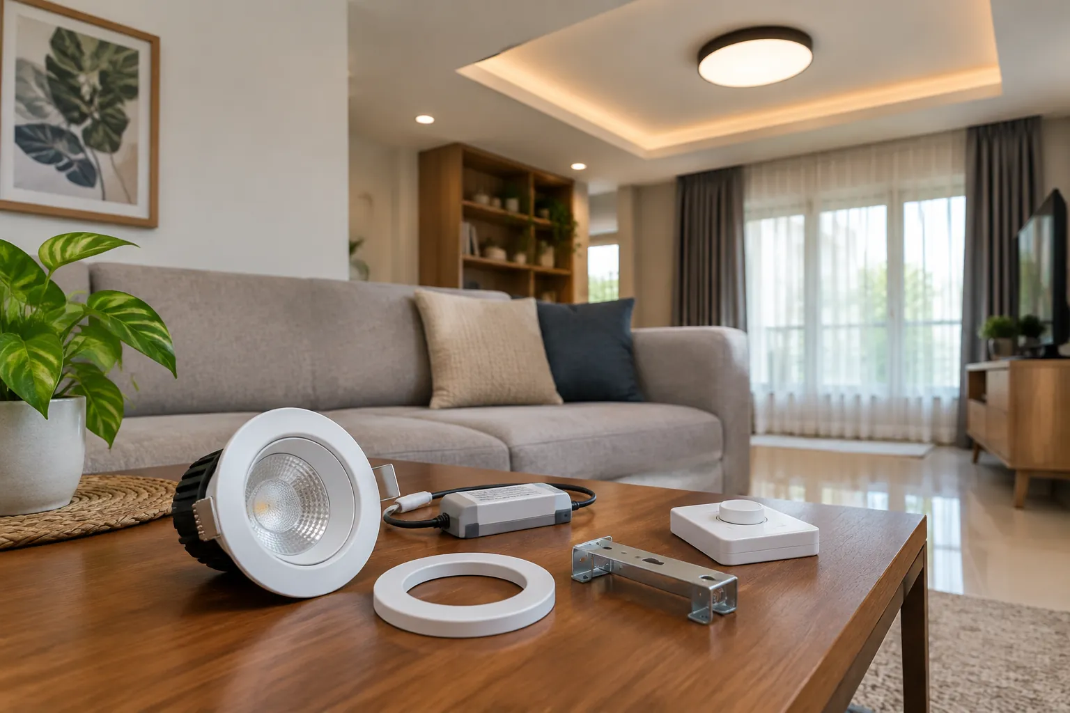 Contoh lampu plafon dan perangkat di meja ruang keluarga