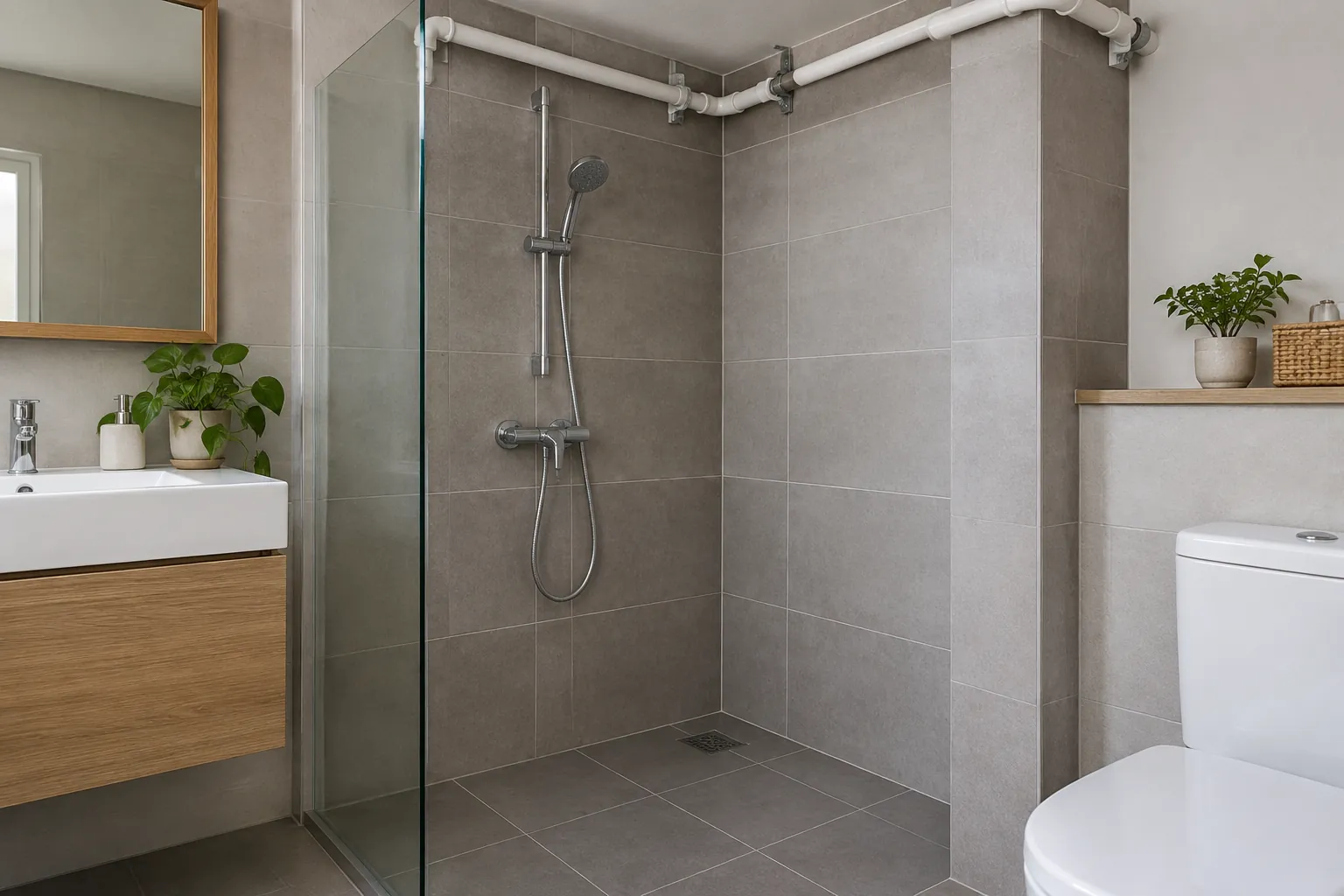 Area shower dengan kaca pembatas dan saluran lantai