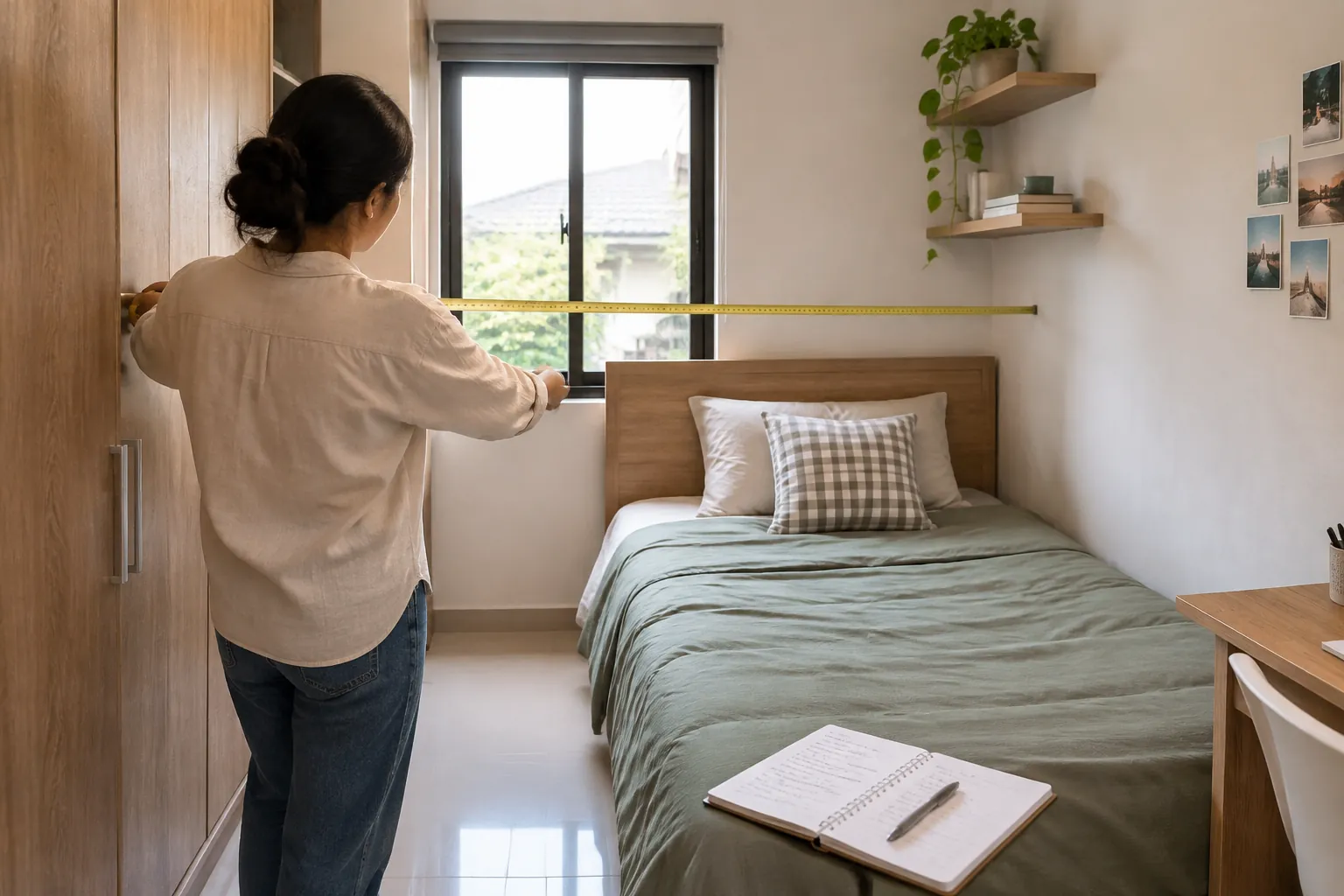 Seseorang mengukur sisi tempat tidur di kamar kecil