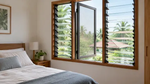 Jendela jalusi terbuka pada kamar tidur tropis