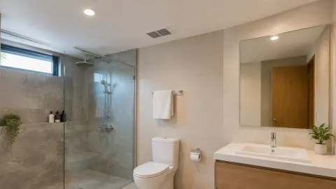 Plafon kamar mandi dengan lampu dan kisi udara