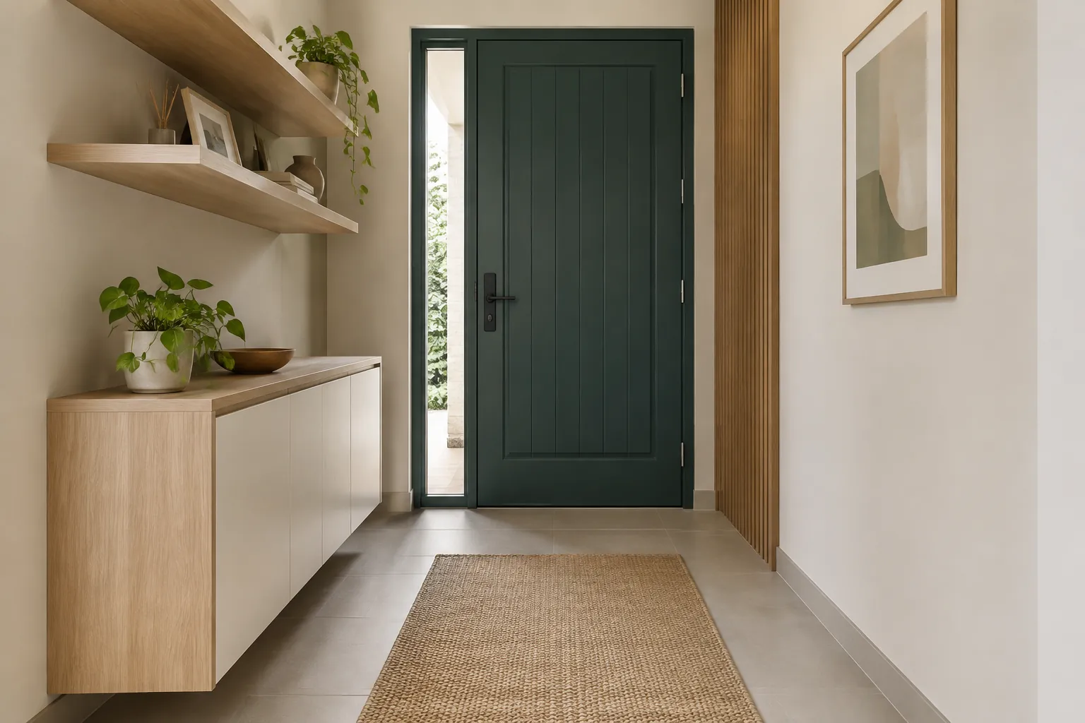 Foyer dengan pintu hijau gelap dan karpet alami