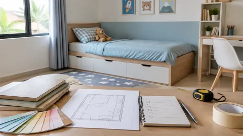 Gambar rencana dan sampel bahan di depan kamar anak
