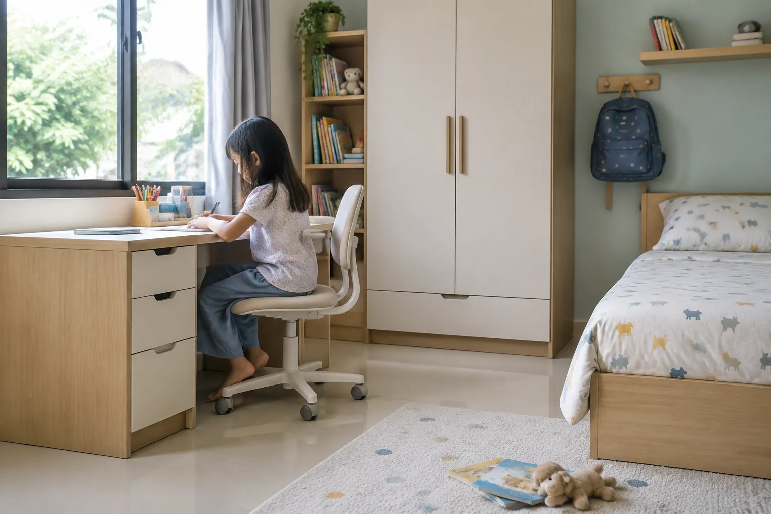 Anak duduk di meja belajar di samping lemari kamar