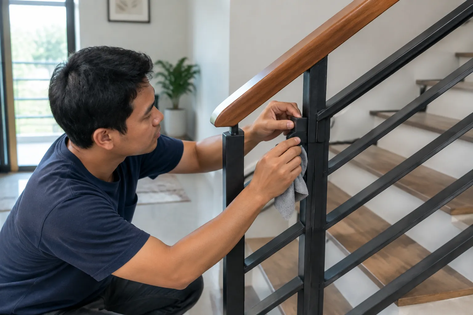 Orang menyentuh komponen railing.