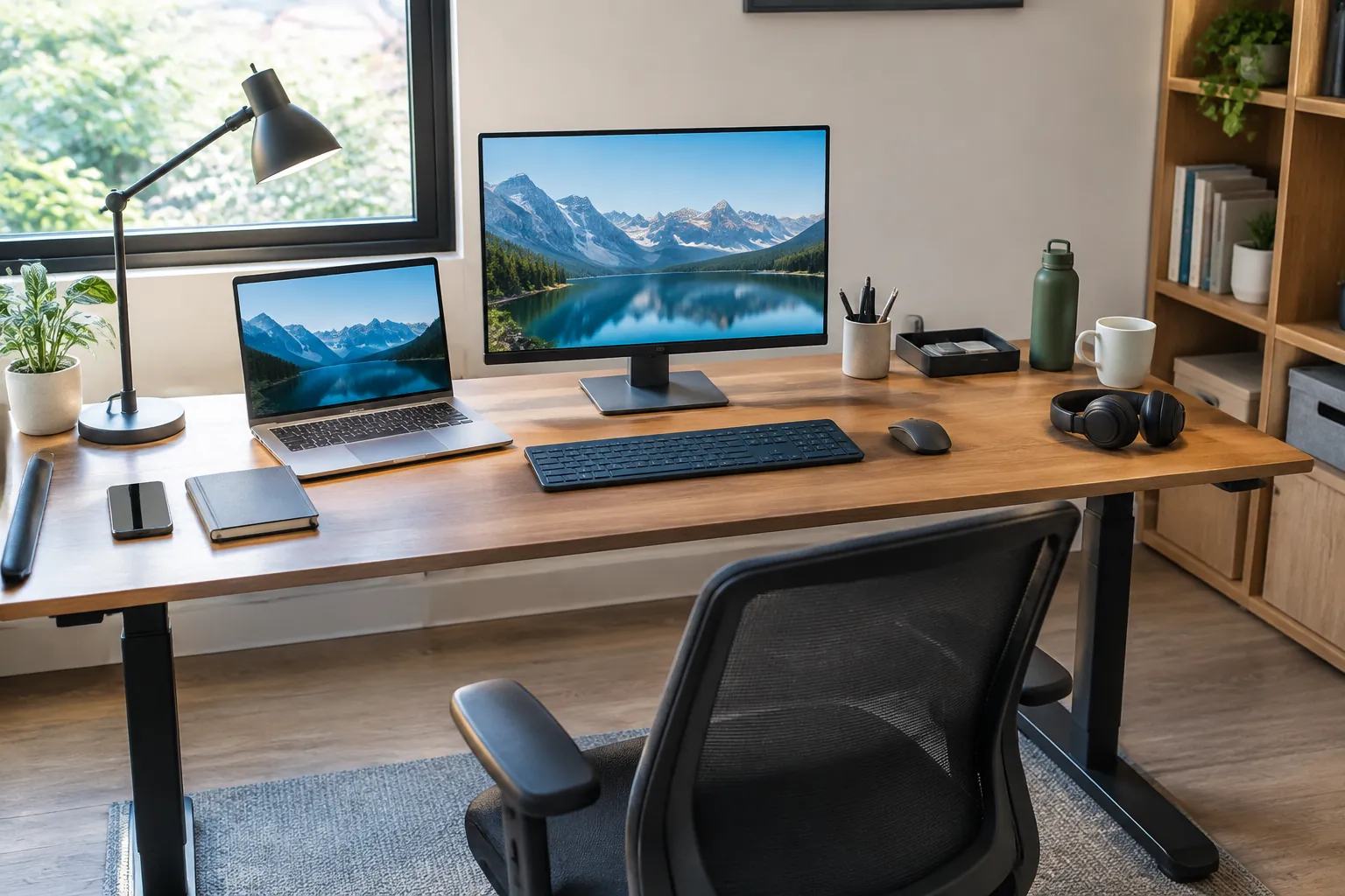 Laptop dan monitor diletakkan pada satu bidang meja kerja