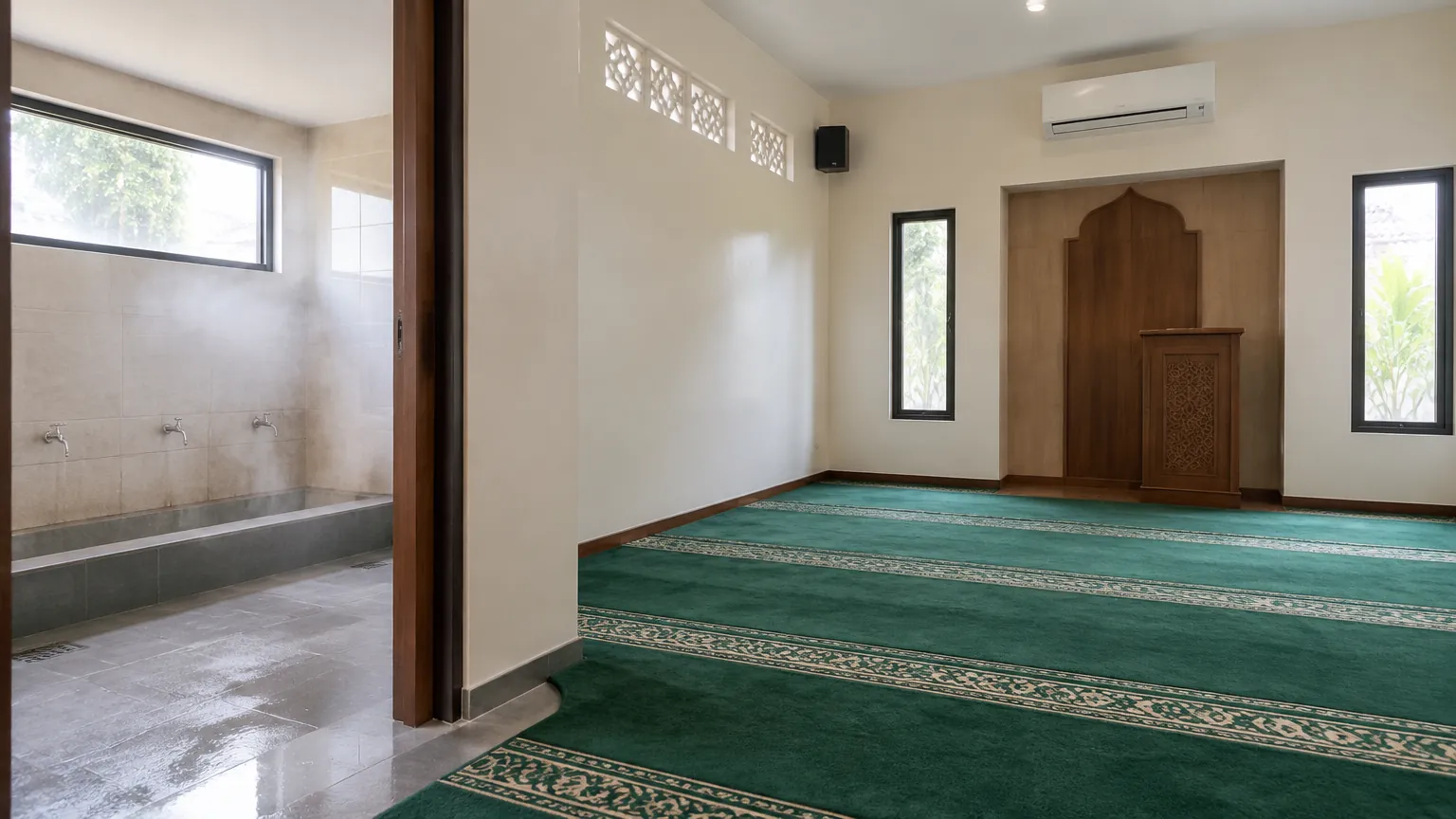 Musala dengan jendela, karpet salat, dan unit AC