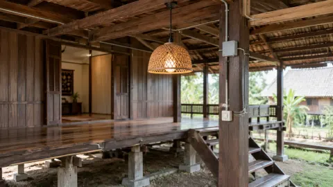 Rumah panggung kayu dengan ruang terbuka di bawah lantainya