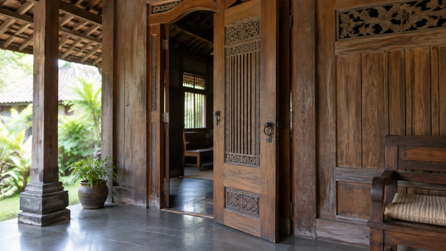 Pintu kayu berukir pada rumah bergaya tradisional