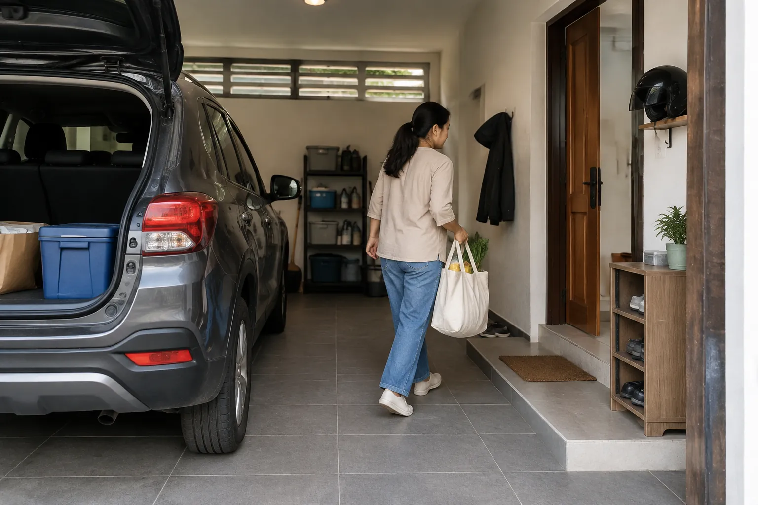 Penghuni membawa barang melewati mobil di dalam garasi