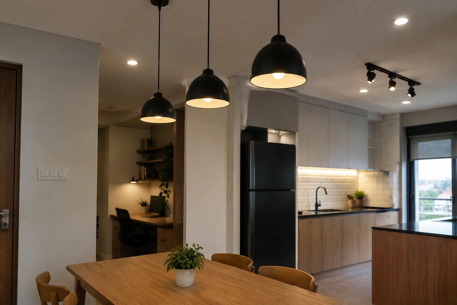 Lampu gantung dan lampu rel di atas dapur dan ruang makan