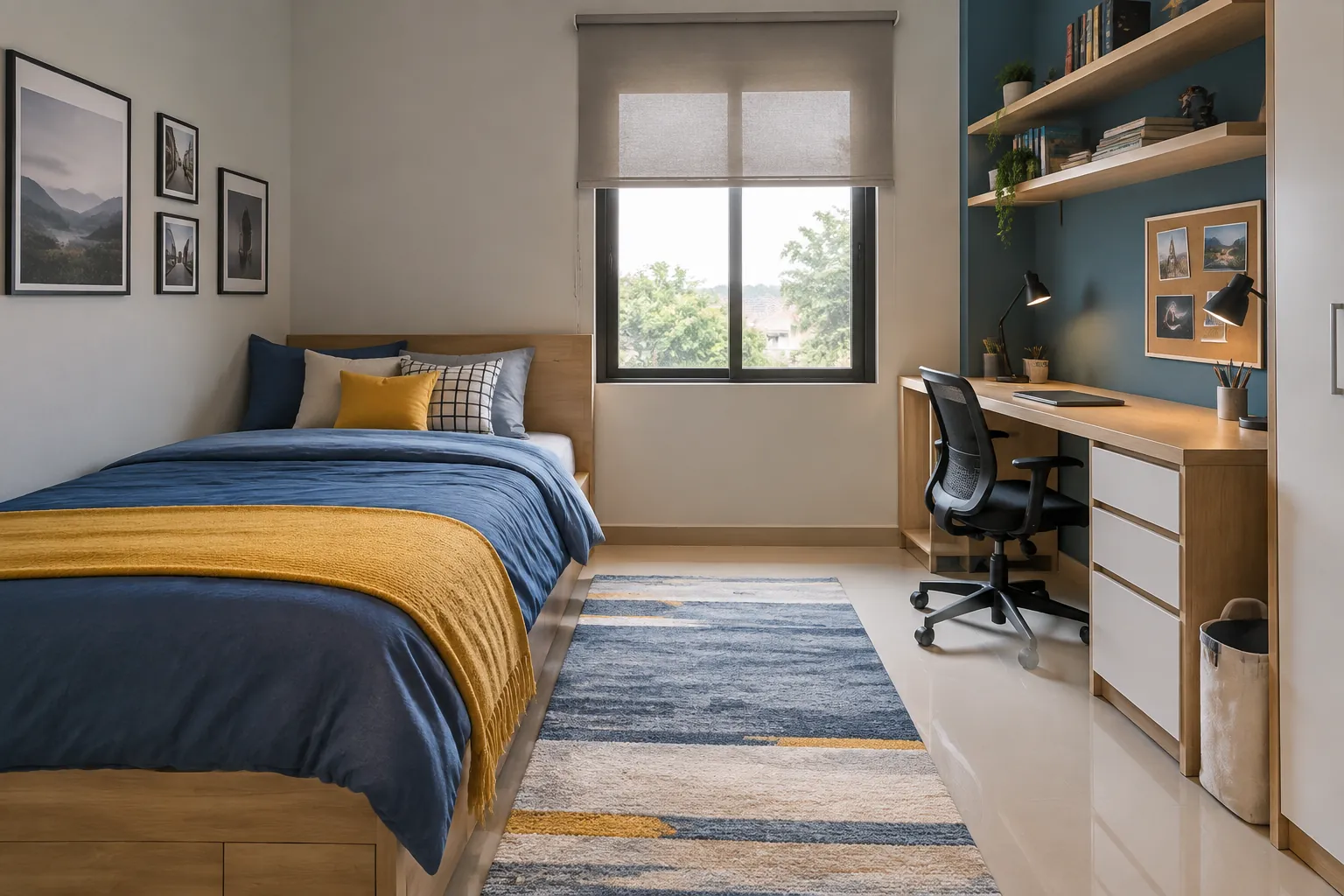 Kamar remaja dengan warna biru di dinding dan kuning pada tekstil